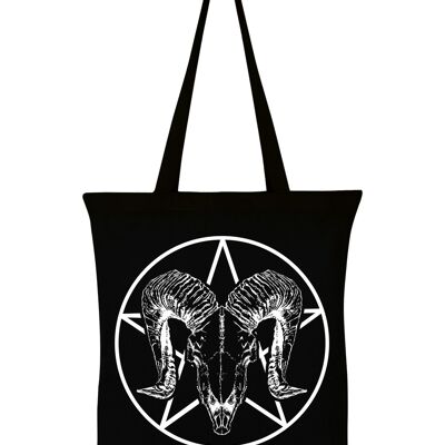 Ram Skull Pentagram Black Tote Bag