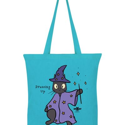 Gespenstische Katze, die herauf Azurblau-Einkaufstasche kleidet