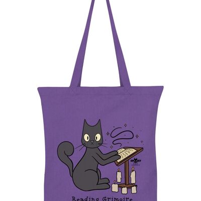 Gato espeluznante leyendo grimorio violeta Bolsa de tela