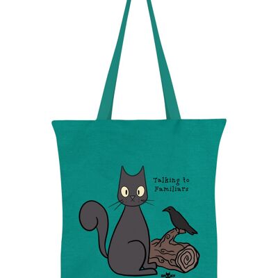 Gespenstische Katze, die mit Familiars Smaragdgrün-Einkaufstasche spricht