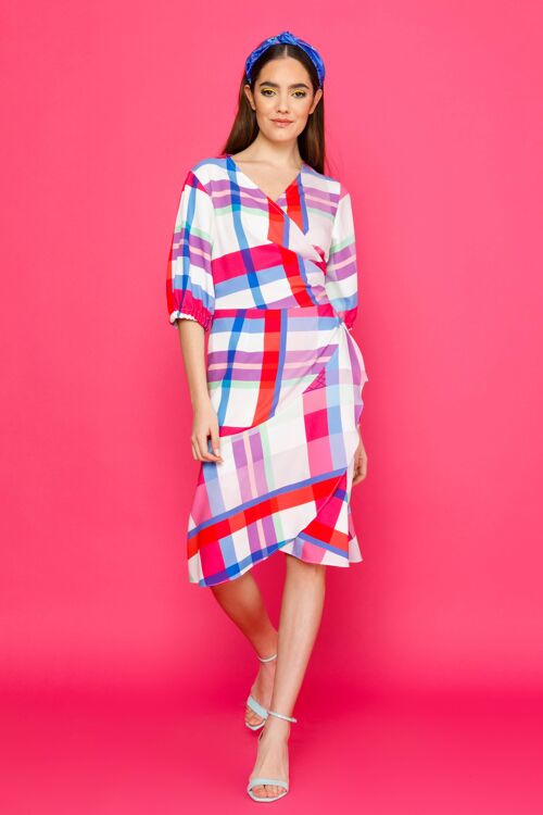 ALYSSA DRESS - Midi Wrap Dress with Plaid Motif