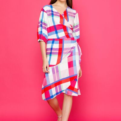 ALYSSA DRESS - Midi Wrap Dress with Plaid Motif