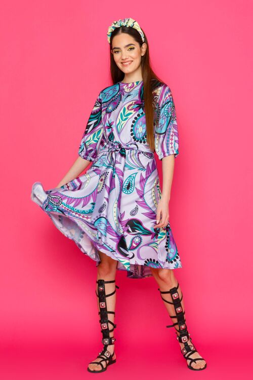 LETICIA DRESS - Silky Paisley Knee-length Dress with Belt