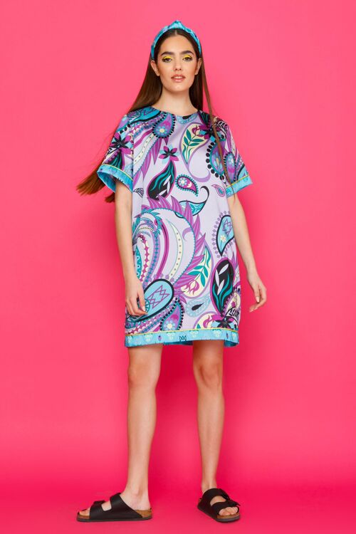 SHANNON DRESS - Silky Mini T-shirt Dress with Paisley Motif