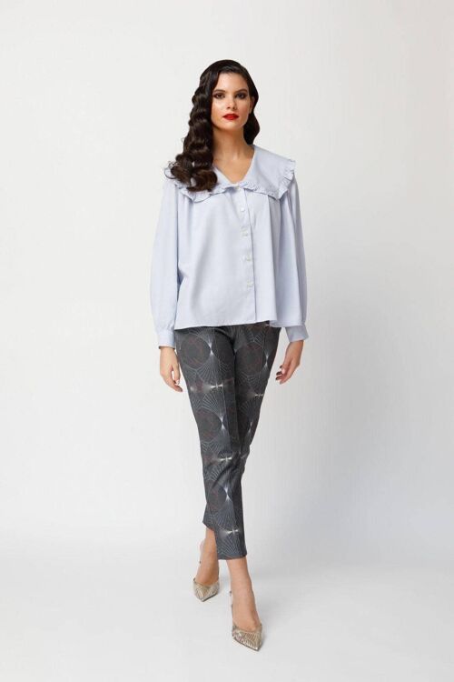 Tencel Shirt with Ruffle-Trimmed Collar and Balloon Sleeves