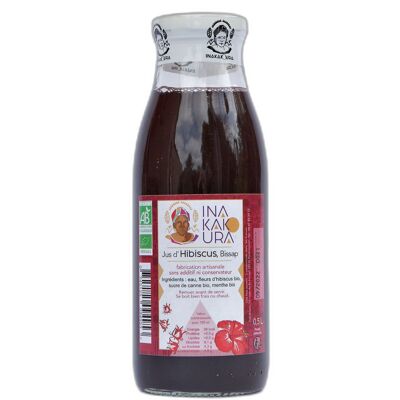 Trinkfertiger Hibiskus-/Bissap-Saft, leicht gesüßt, handwerklich und biologisch, in einer 50-cl-Glasflasche