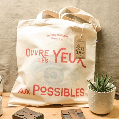 Tote Bag Ouvre les Yeux aux Possibles, coton bio épais, bleu, rouge, fabriqué en France
