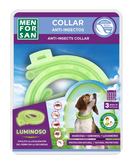 COLLAR LUMINISCENTE ANTI INSECTOS 3 ACTIVOS PERROS 40ud (2 cajas expositoras)