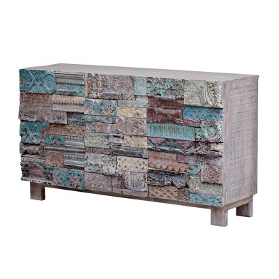 Indian chest of drawers Anida made of hand-carved wood | Colorful shabby chic sideboard