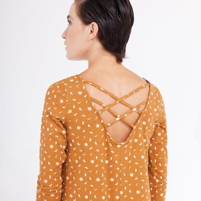 Carola flared dress in mustard color with moon phase print. - Mustard