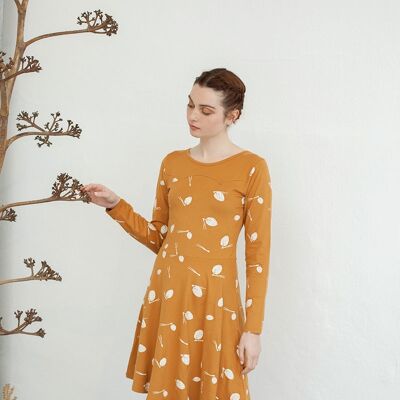 Nidia half layer mustard print dress with cuffs. - Mustard