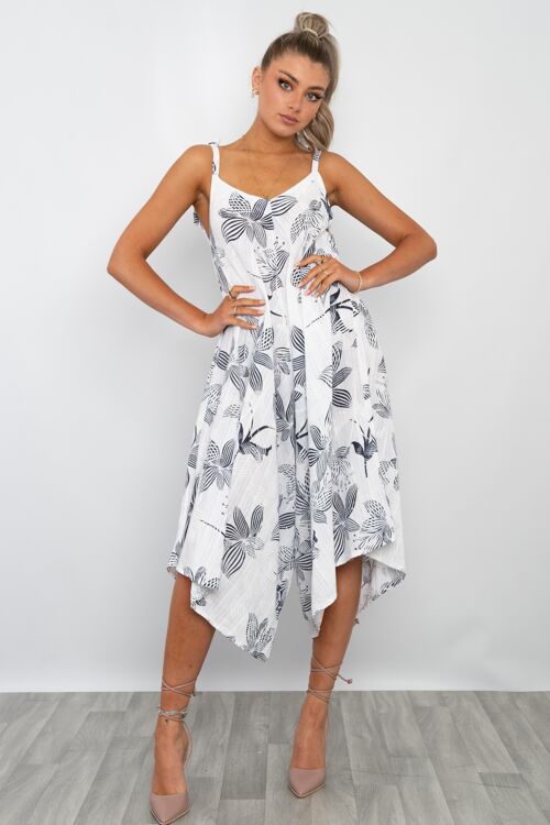 White floral print tie shoulder jumpsuit