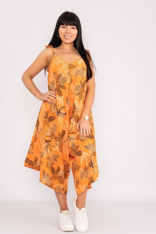 Orange floral print tie shoulder jumpsuit