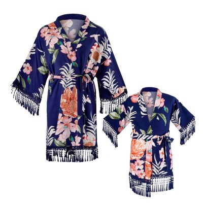 Kimono "paradis", bleu foncé avec un motif floral dans un ensemble