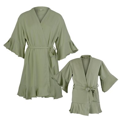 Kimono for mother and daughter "ruffles", sage green with ruffle
