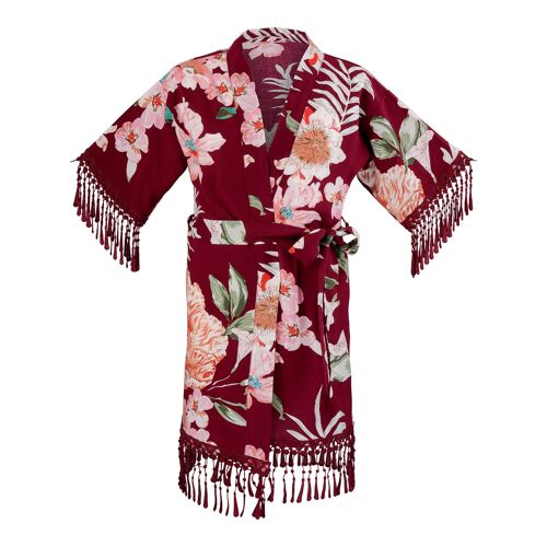 Kimono"red paradise",bordeaux mit floralem Design Kinder - A