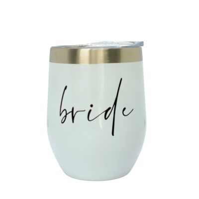 Weinbecher in weiß mit der Aufschrift bride | Perfekt