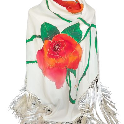 White natural silk shawl with red roses