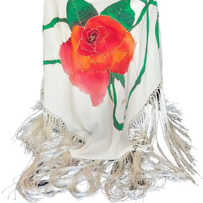 White natural silk shawl with red roses