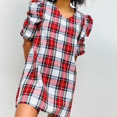 Checked V-Neck Dress with Gathered Sleeves