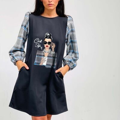 Girl Style Blue Checked Puffed Dress
