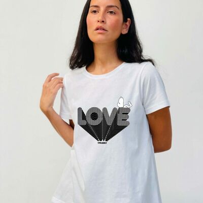 T-shirt Basique Snoopy Love Pied de Poule Blanc