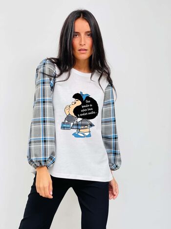 Mafalda Loca Puffed T-shirt Bleu Carrés 3