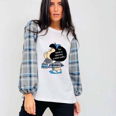 Mafalda Loca Puffed T-shirt Bleu Carrés