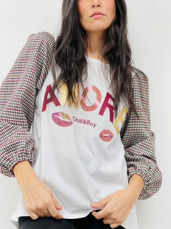 T-shirt bouffant Amore à carreaux bordeaux 2
