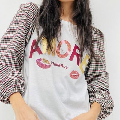 T-shirt bouffant Amore à carreaux bordeaux