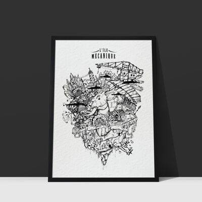 Clockwork Island Poster - black and white