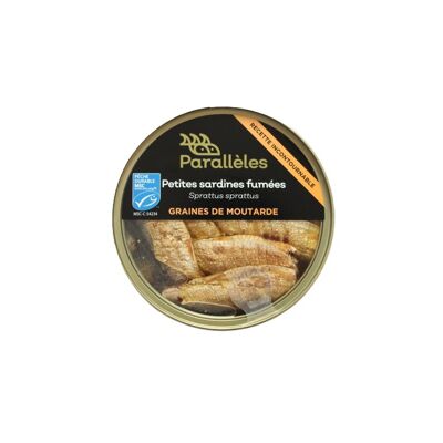 Pequeñas sardinas ahumadas MSC (espadín) en aceite de colza y semillas de mostaza