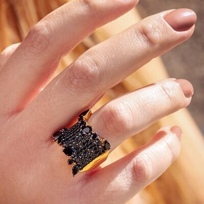 Exclusive Ring with Natural Stone of Black Spinel in Sterling Silver and 18K Gold Vermeil, Fine and Unique Jewelry, Black Swan