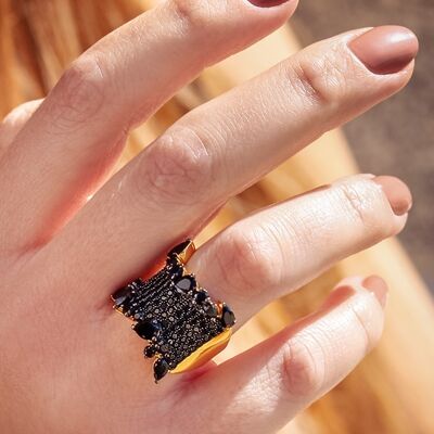 Exclusive Ring with Natural Stone of Black Spinel in Sterling Silver and 18K Gold Vermeil, Fine and Unique Jewelry, Black Swan