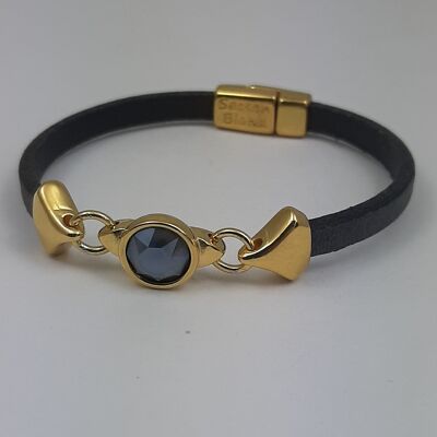 Nexus leather bracelet glass crystal 24K gold plated dark gray