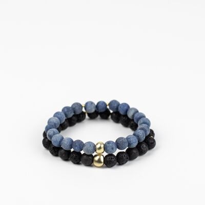 Pulsera roca natural volcánica 8mm (Azul + Oro)