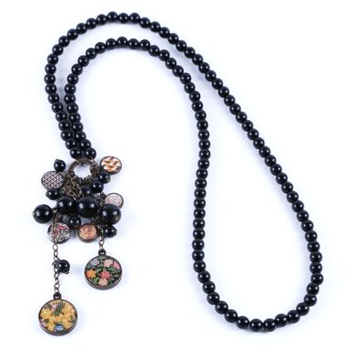 Black Toile Jouy cluster long necklace
