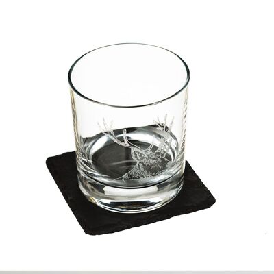 Bicchiere in vetro con incisione con cervo con set regalo sottobicchiere in ardesia