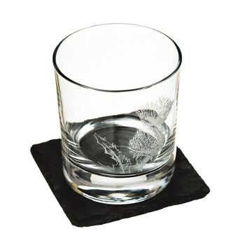 Gobelet en verre de style gravé Thistle avec coffret cadeau sous-verre en ardoise 2