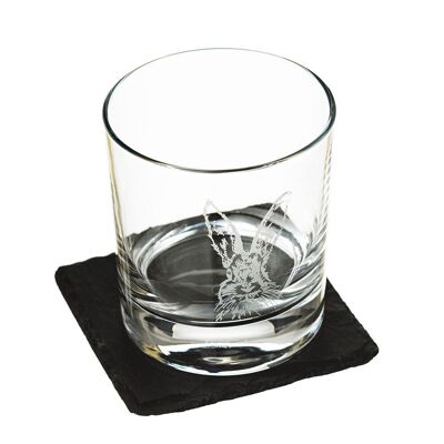 Set de regalo de vaso de vidrio estilo grabado Liebre con posavasos de pizarra