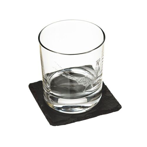 Pheasant Engraved Style Glass Tumbler with Slate Coaster Gift Set