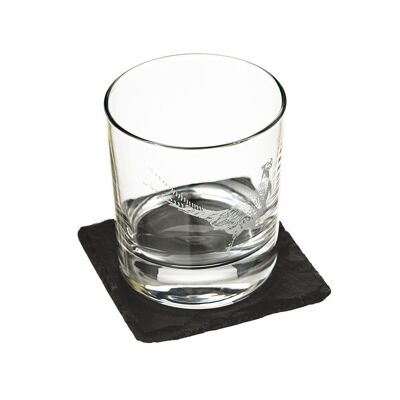 Bicchiere in vetro stile fagiano inciso con set regalo sottobicchiere in ardesia