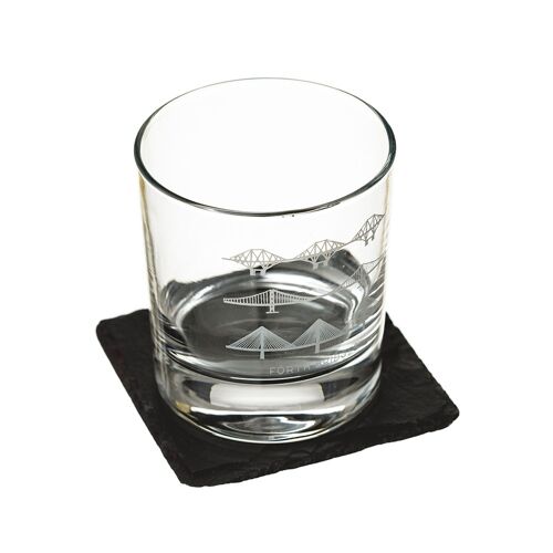 Forth Bridges Engraved Style Glass Tumbler with Slate Coaster Gift Set