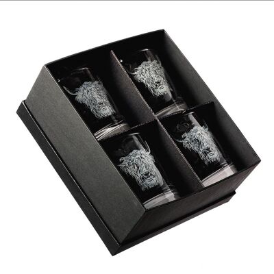 Highland Cow Engraved Style Glass Tumbler Gift Set (Set of 4)