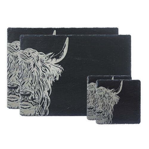 Set of 2 Highland Cow Slate Coasters & Place Mats