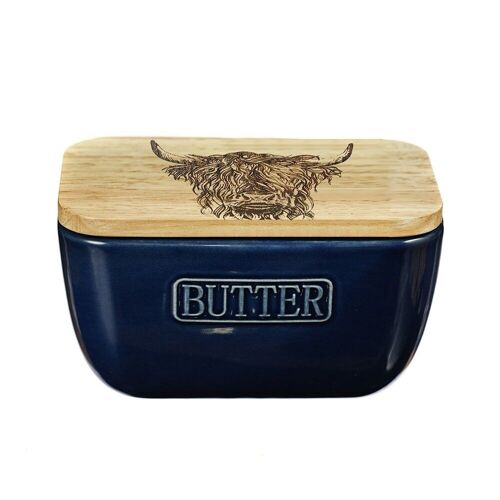 Highland Cow Oak and Ceramic Butter Dish - Blue