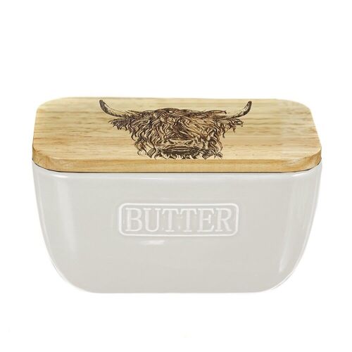 Highland Cow Oak and Ceramic Butter Dish - White