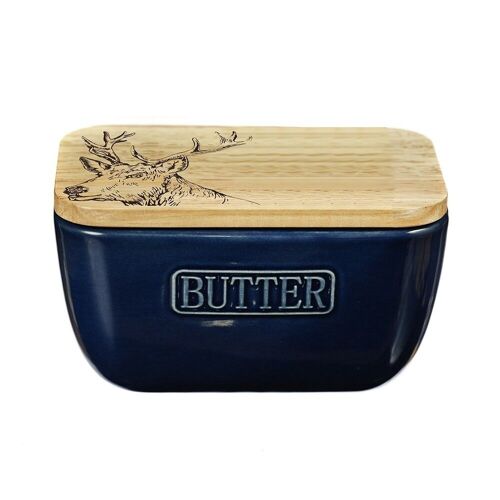 Stag Oak and Ceramic Butter Dish - Blue
