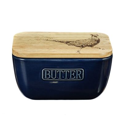 Pheasant Oak and Ceramic Butter Dish - Blue