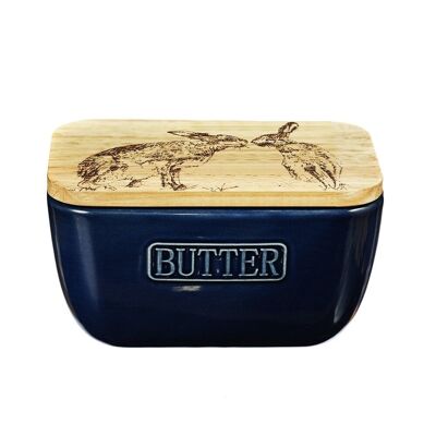 Kissing Hares Oak and Ceramic Butter Dish - Blue